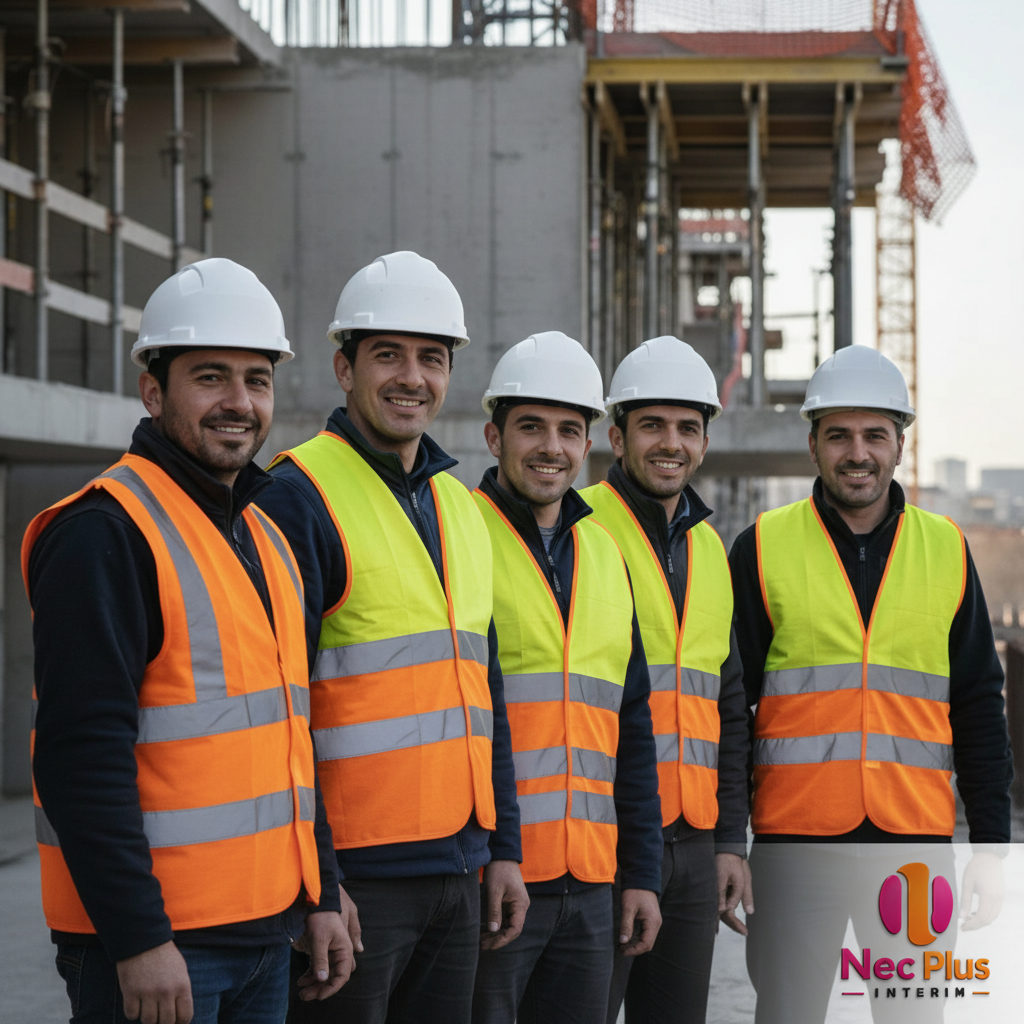 Travailleurs roumains souriants sur un chantier à Lyon.