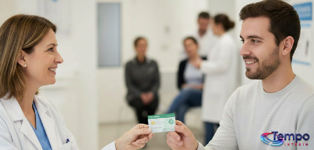 quelle assurance pour un intérimaire roumain - Travailleur roumain montrant sa carte santé à un médecin en France.