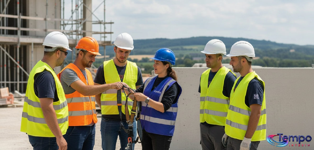 Briefing de sécurité sur un chantier en France pour travailleurs intérimaires.