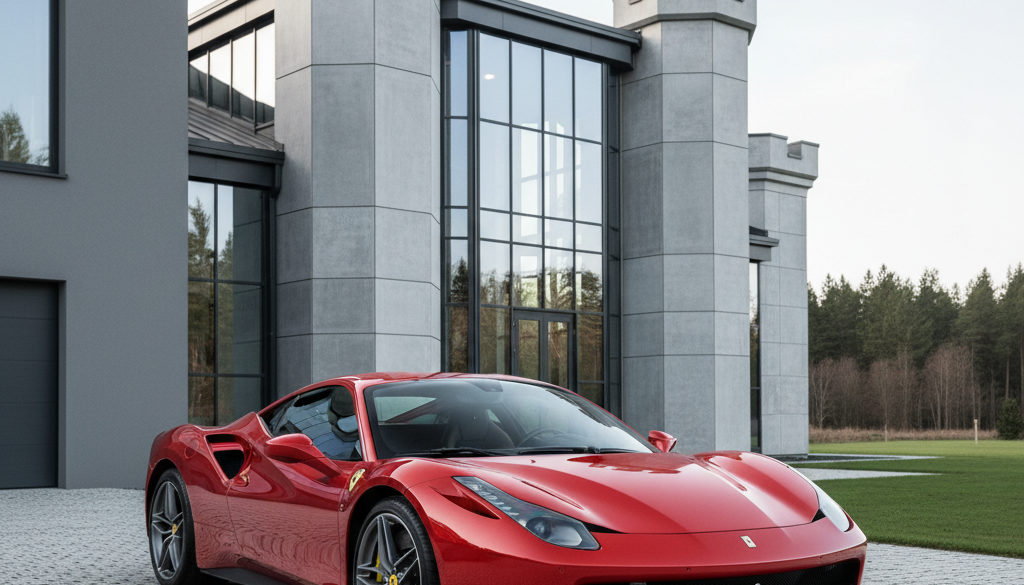 comment immatriculer voiture luxe sans malus ? - Ferrari rouge devant un château, élégance et exemption de malus.