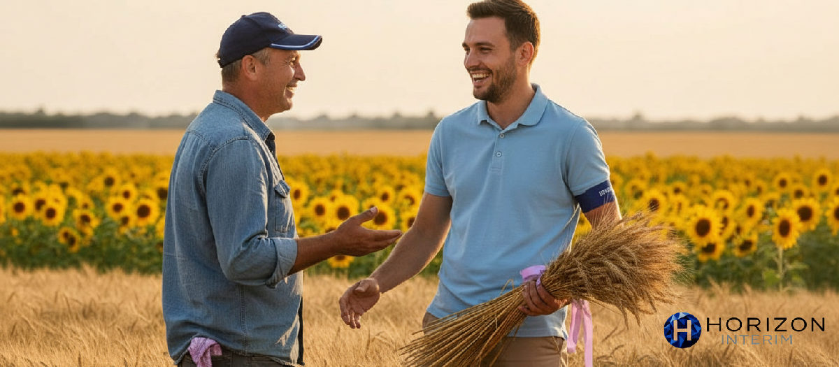 Agriculteur français et chef d'équipe roumain devant une récolte.