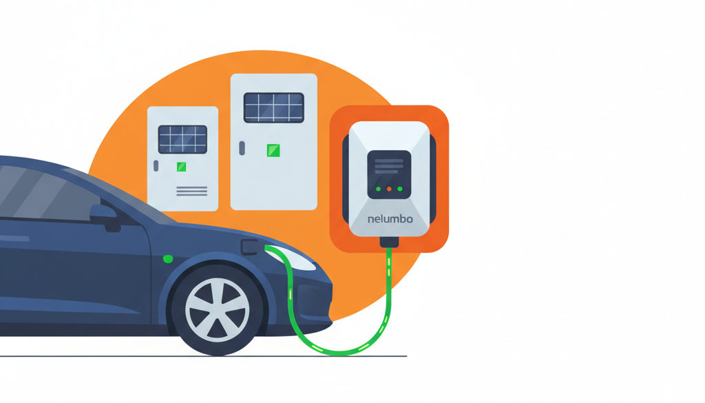 Chytrý wallbox Nelumbo nabíjí elektromobil, v pozadí fotovoltaika.