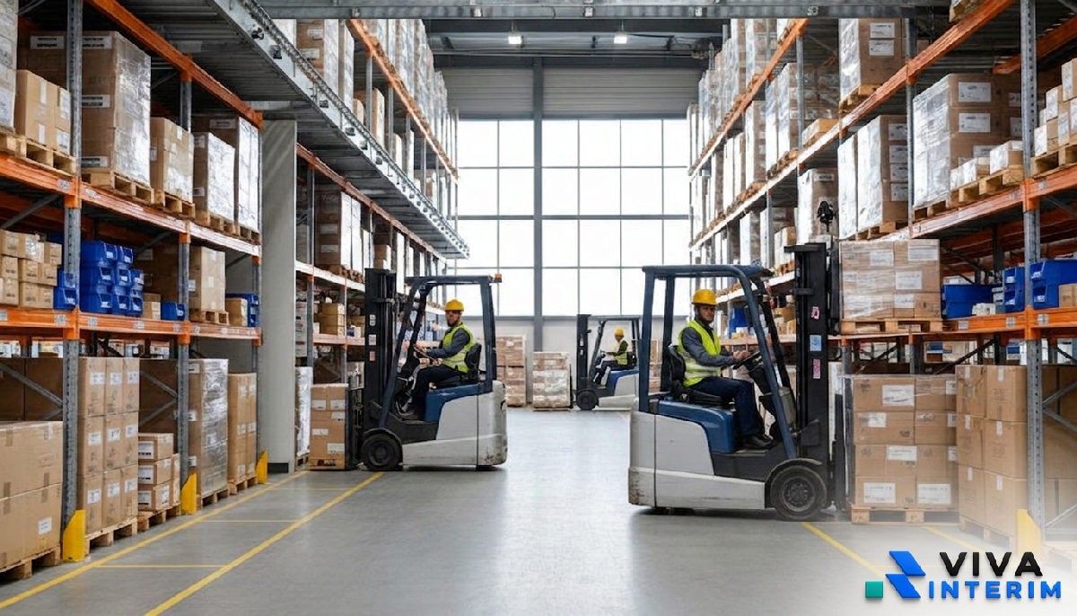 Entrepôt logistique où des travailleurs opèrent des chariots élévateurs en sécurité.