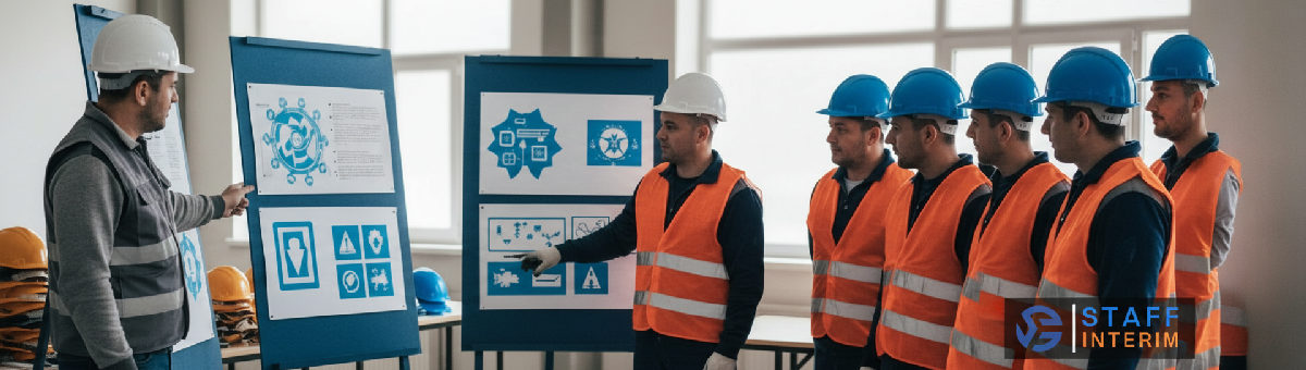 Formateur expliquant les consignes de sécurité à des ouvriers roumains.