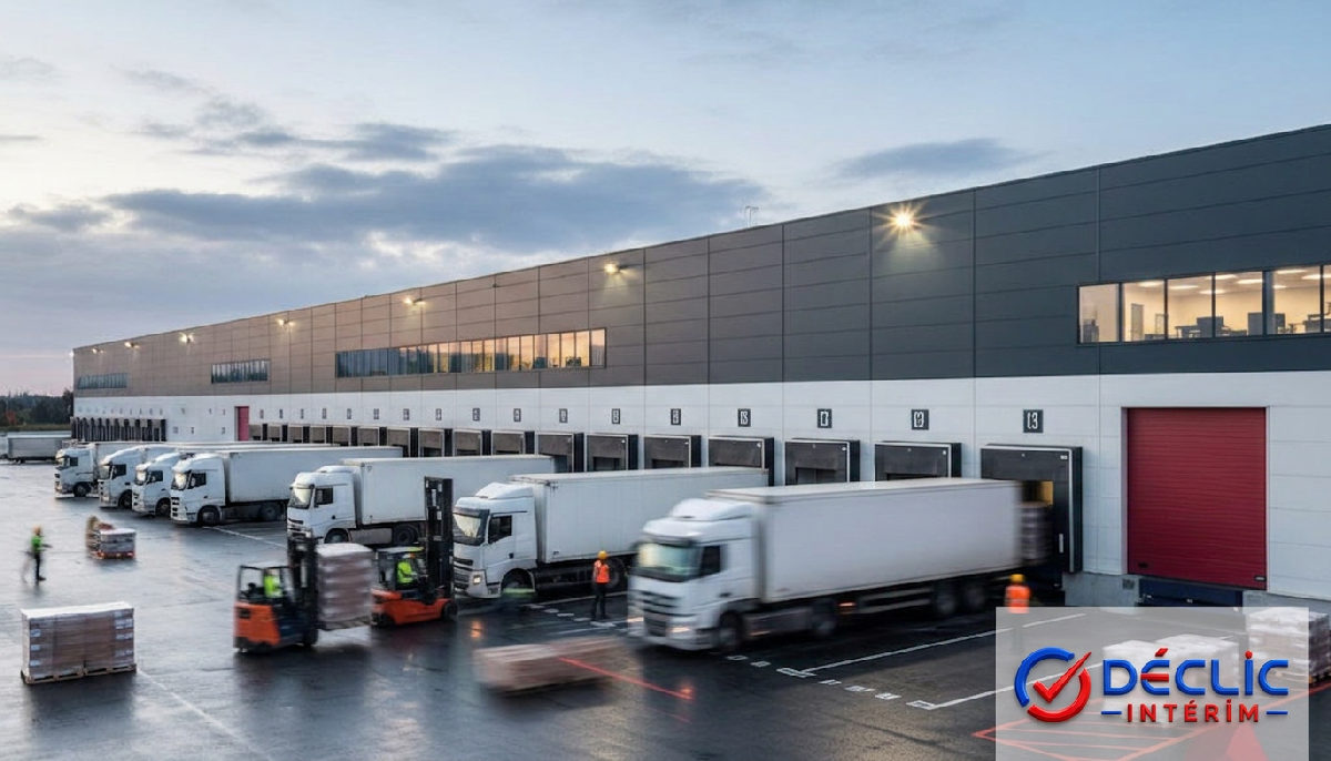 Entrepôt logistique actif avec chargement de camions.