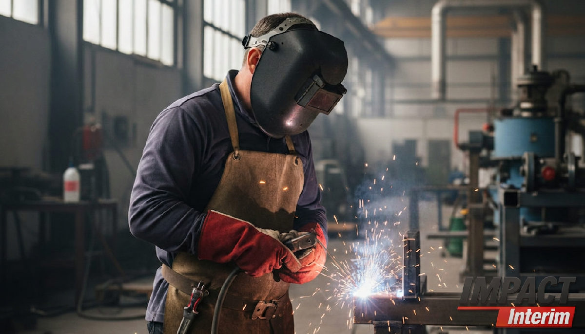 Soudeur roumain travaillant avec précision en usine.