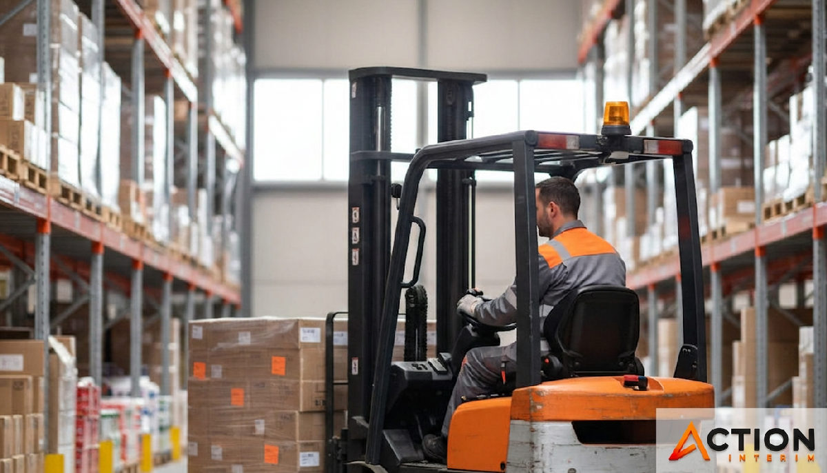 Cariste roumain dans un entrepôt logistique en France.