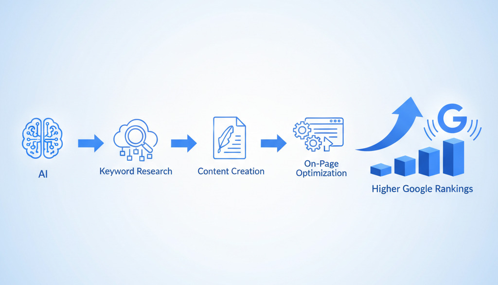 Diagram: AI's role in SEO from keywords to rankings.