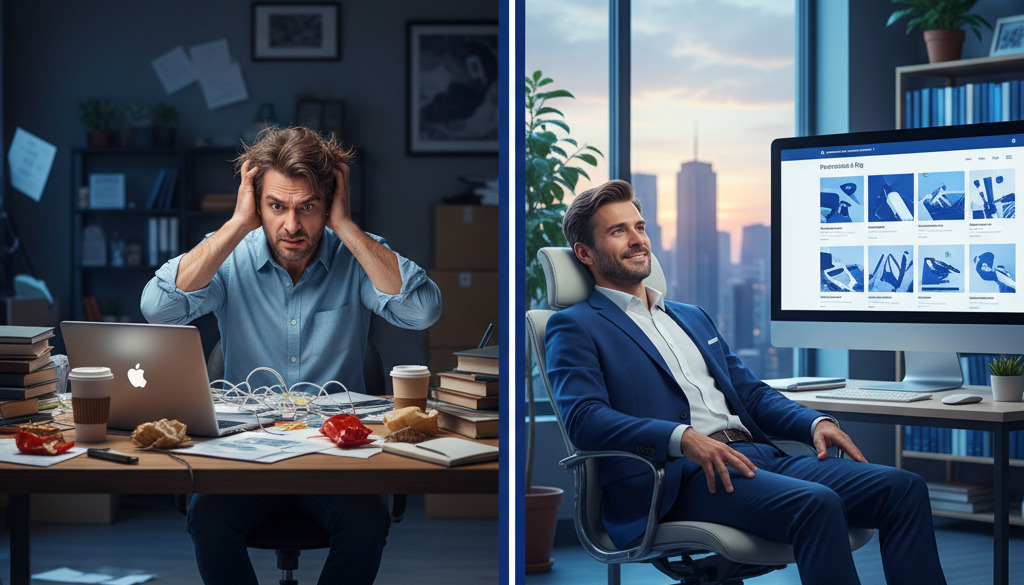 Business owner transformed: messy desk to relaxed, professional blog.