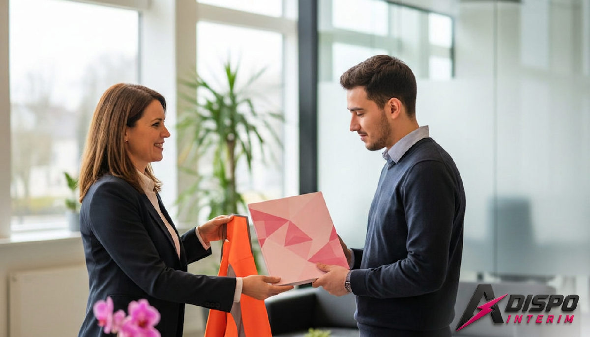 Une responsable RH accueille un travailleur roumain avec un gilet et un guide.