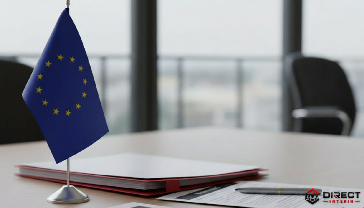 Bureau avec documents et drapeau européen.