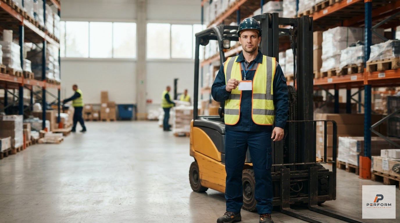Cariste en entrepôt présentant un badge de conformité professionnelle.