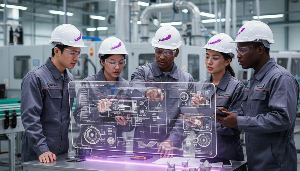 Équipe mixte (Roumanie/France) collaborant sur un plan technique en usine.