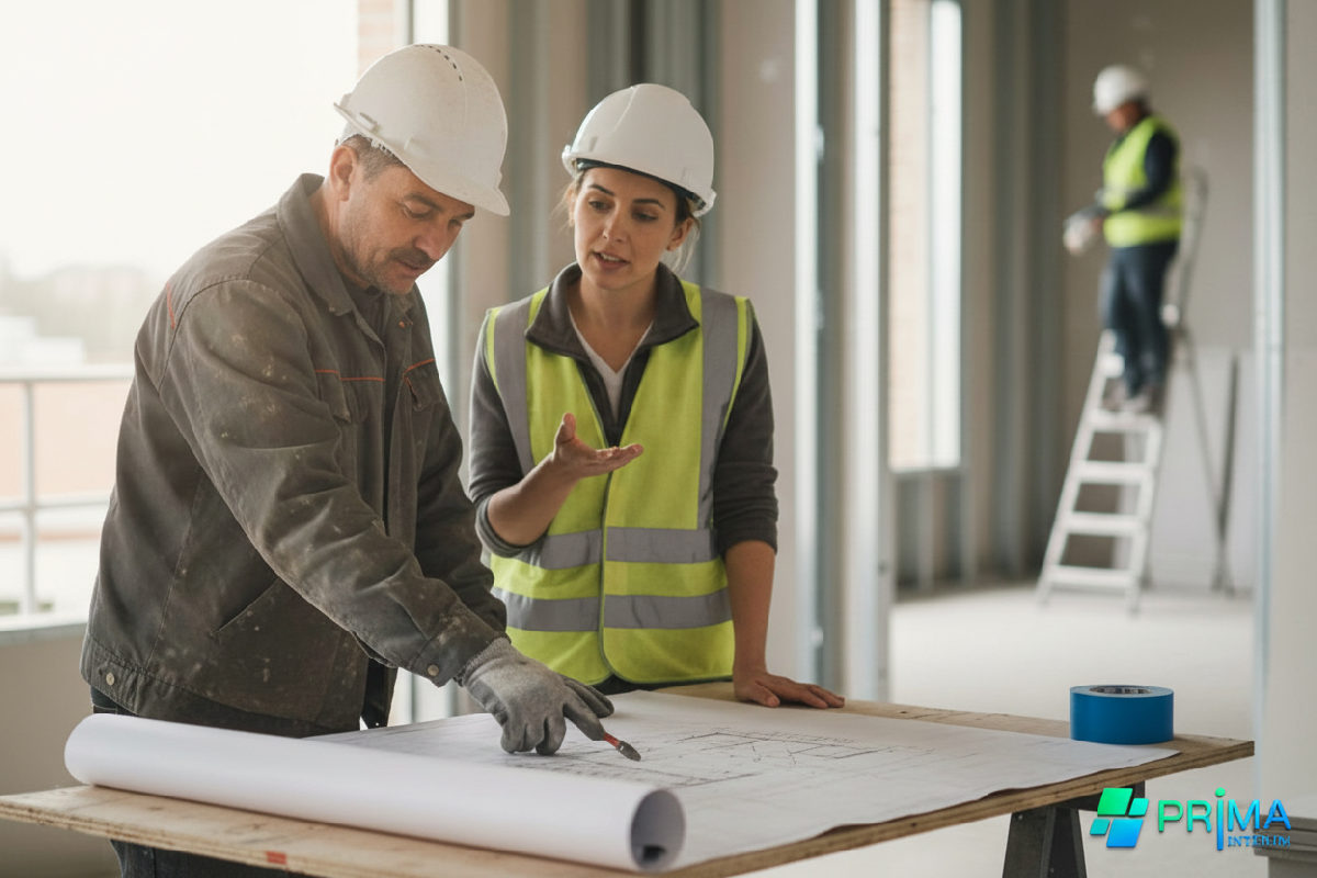 Chef de chantier et plaquiste discutant des plans de finition.