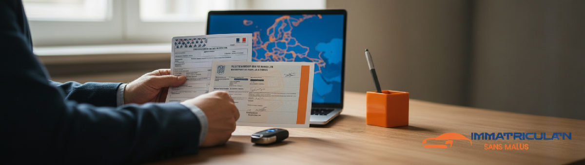 Timbre fiscal et formulaire d'immatriculation pour une voiture française.