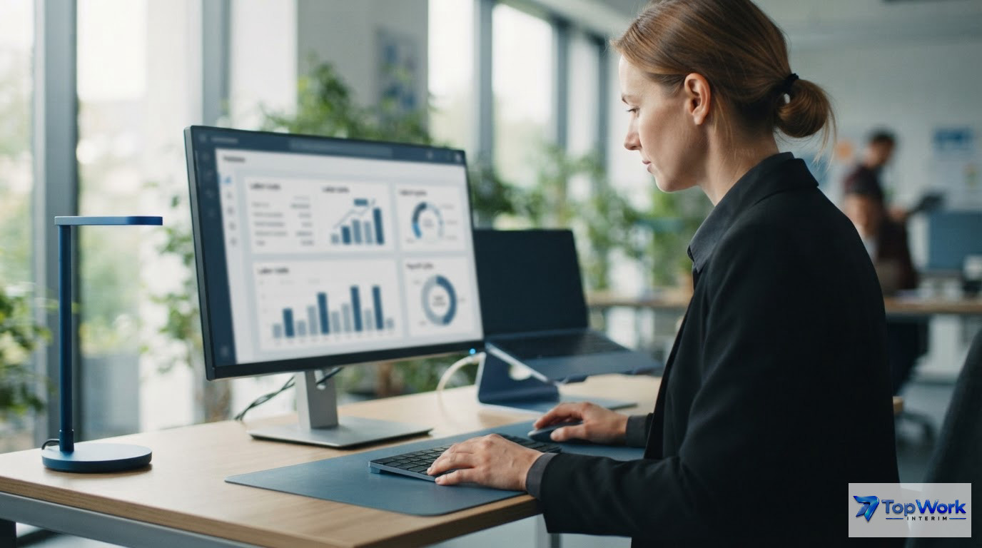 Un bureau moderne affichant des données financières sur une interface de gestion de paie.