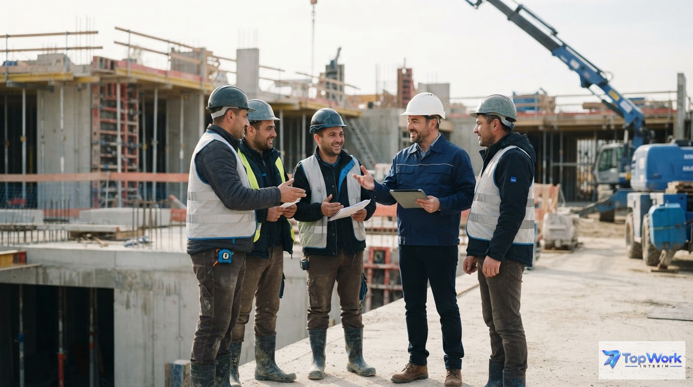 Un chef de chantier et des ouvriers roumains discutant sur un site de construction.