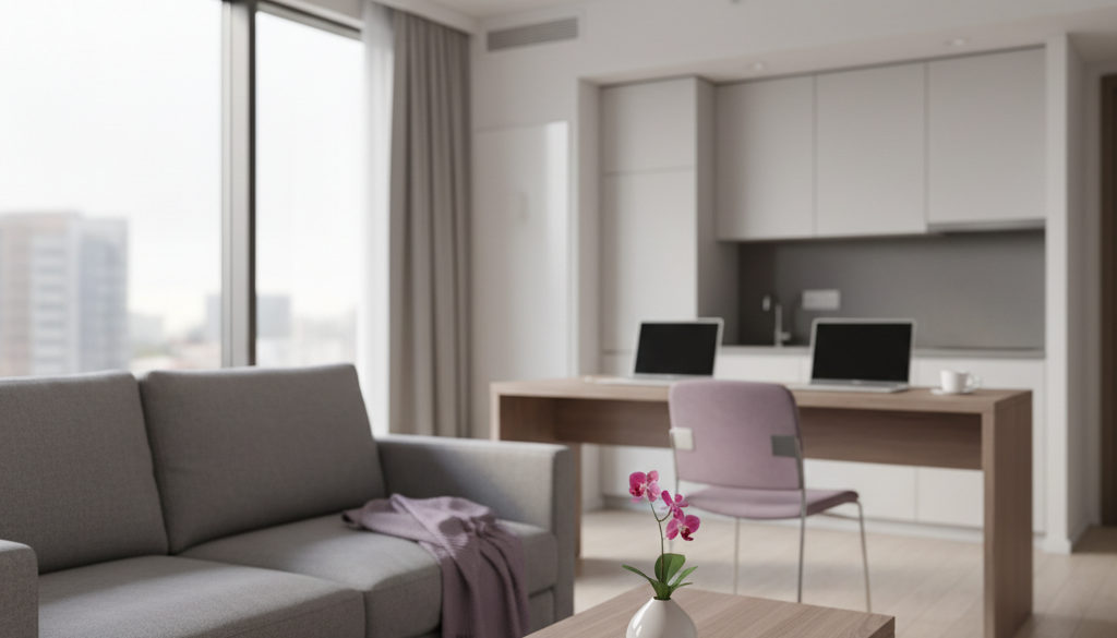 Intérieur d'appartement propre et bien équipé pour travailleurs.