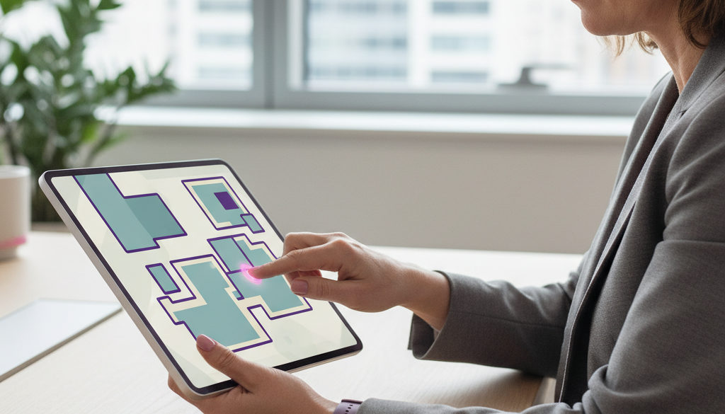 Responsable RH examinant un plan de logements sur tablette.