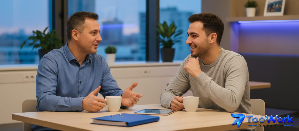 Manager et intérimaire discutant autour d'un café en fin de journée.