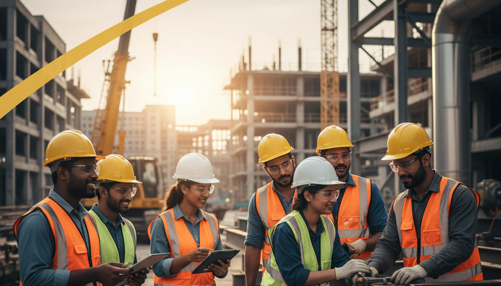 Équipe multiculturelle d'ouvriers travaillant en harmonie sur un site industriel.