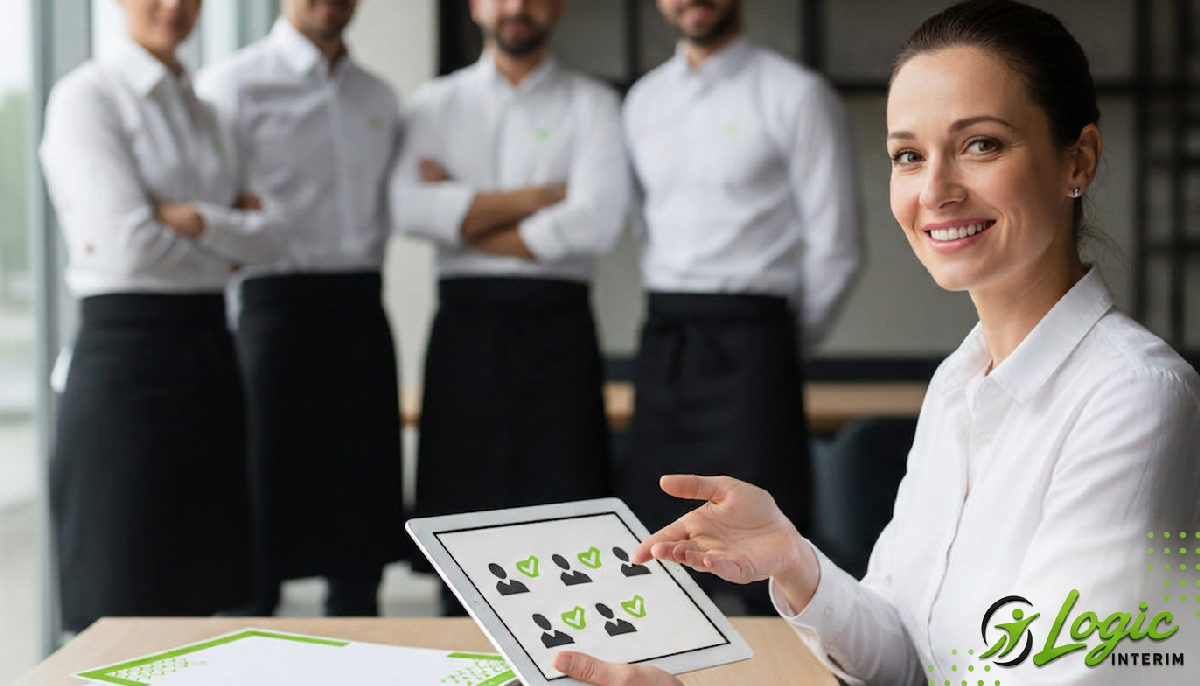 Gestionnaire validant son équipe sur tablette, administration simplifiée.