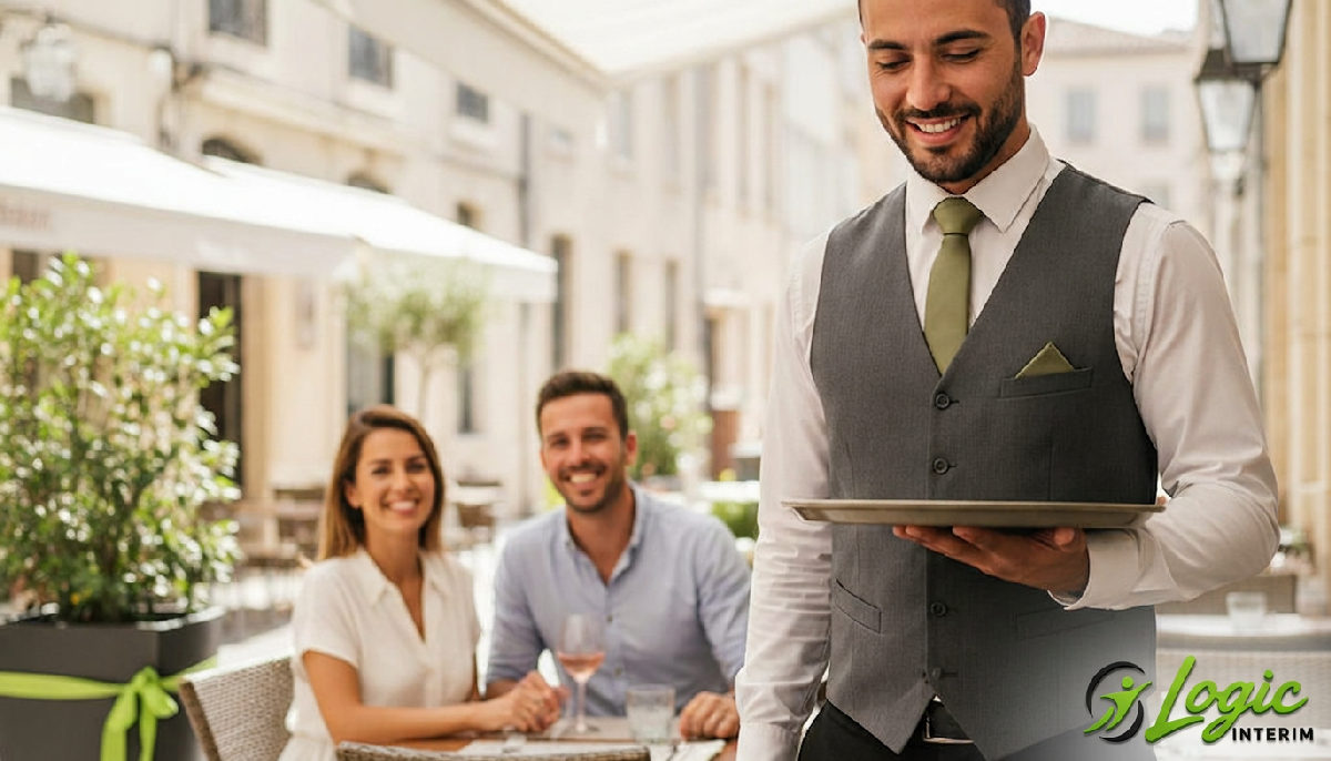 Serveur roumain souriant et professionnel servant des clients à Montpellier.
