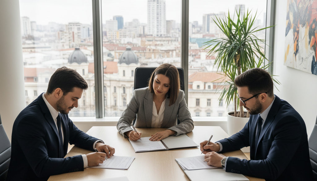 droit du travail roumain – Professionnels signant des contrats de travail dans un bureau moderne à Bucarest.