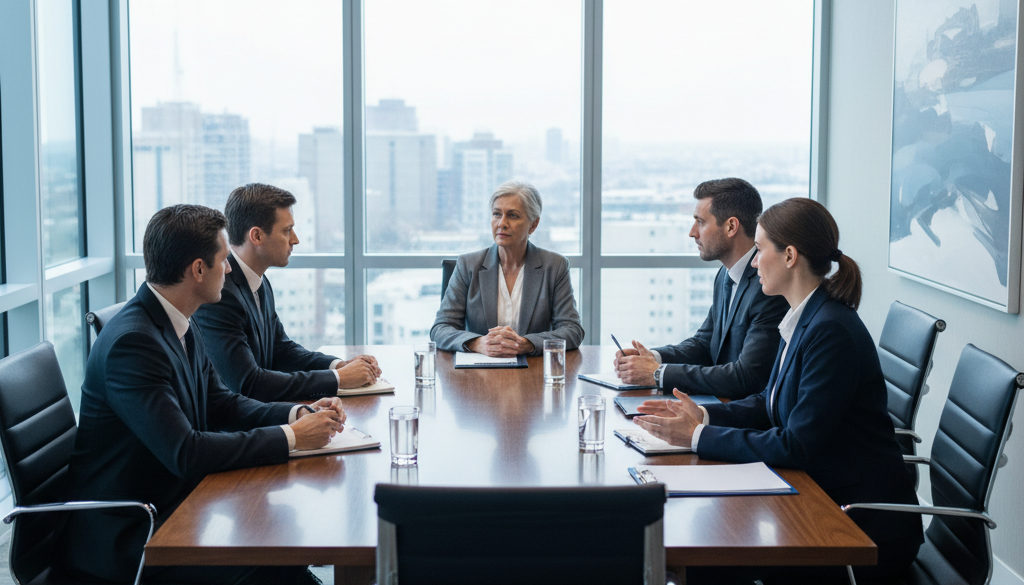 Salle d'audience pour une médiation juridique entre avocats et RH.