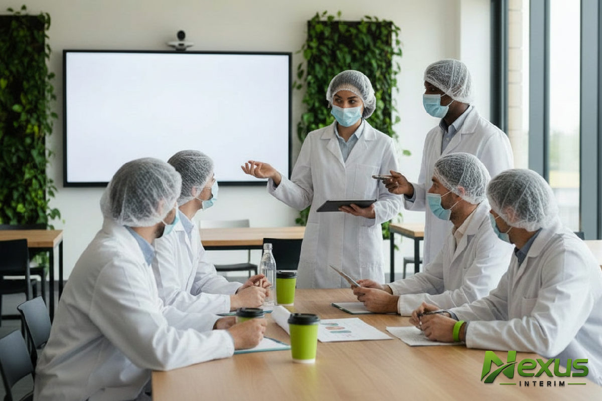 Équipe diversifiée discutant des plannings dans une usine moderne.
