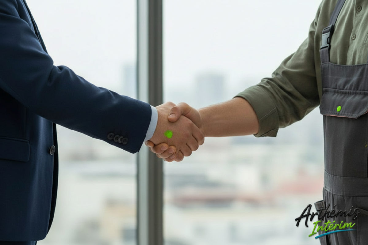 Poignée de main entre recruteur français et artisan plombier.