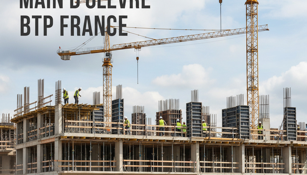 pénurie main d'œuvre BTP France - Chantier de construction en France avec grues et ouvriers qualifiés.