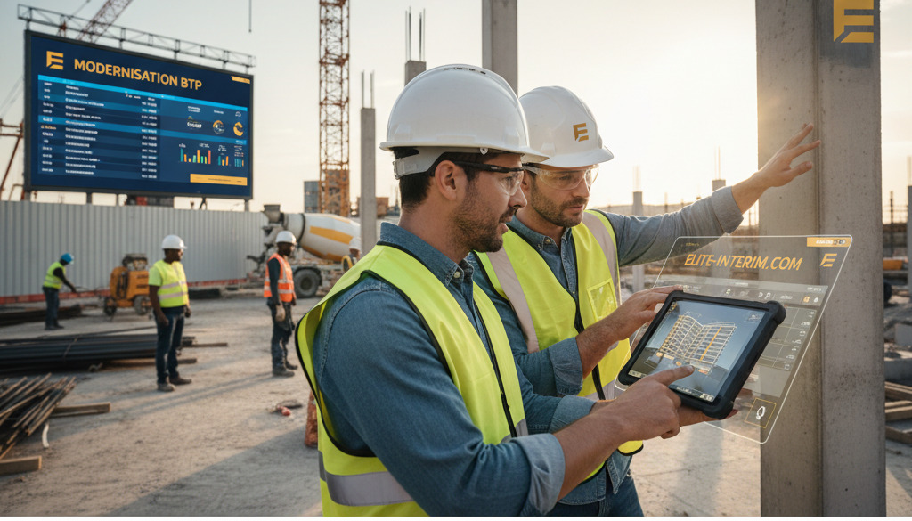 Ingénieur et chef de chantier utilisant une tablette avec un modèle BIM.