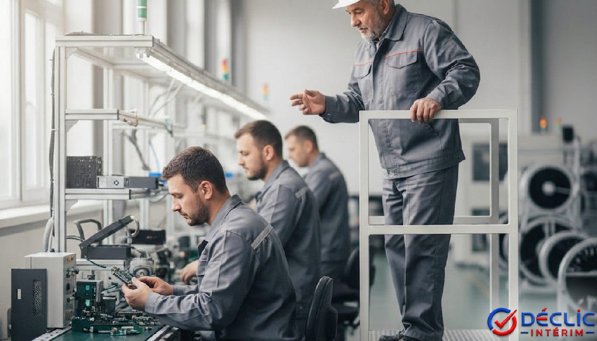 Ouvriers roumains qualifiés sur une chaîne de production industrielle.