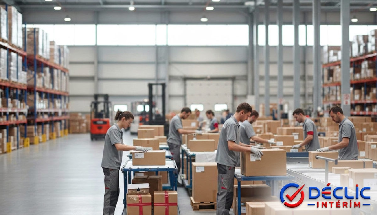 Préparateurs de commandes roumains dans un entrepôt logistique moderne.