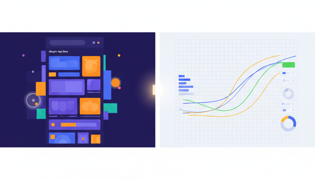 Shopify App Store alongside Google Search Console performance graph.