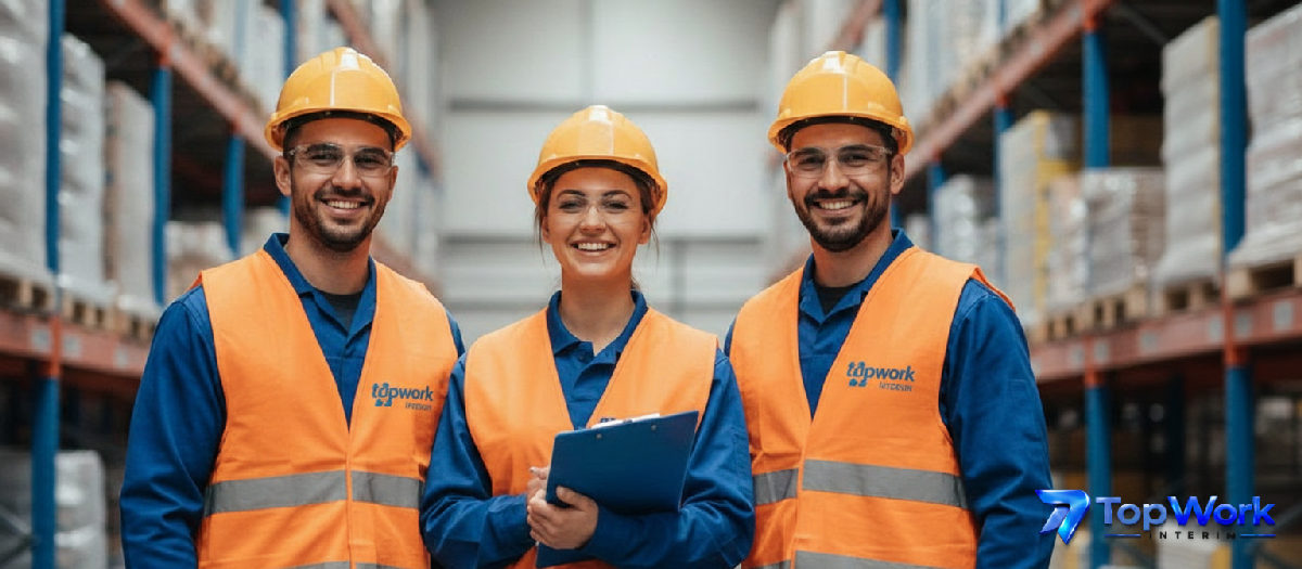 Travailleurs logistiques souriants, équipés et professionnels.
