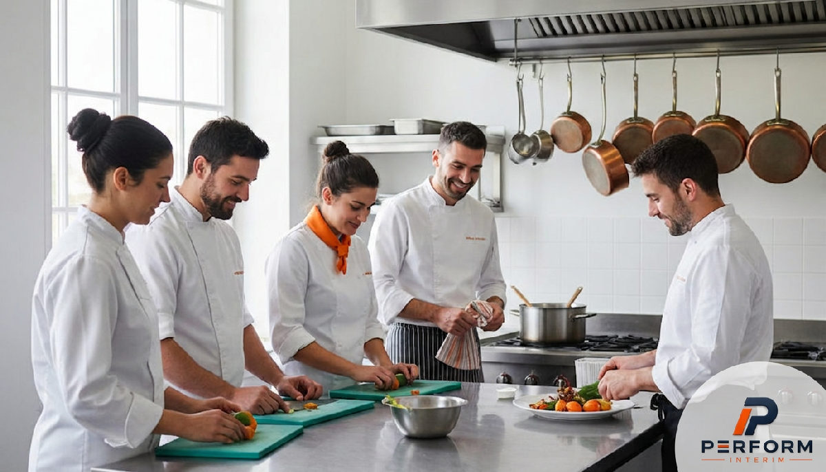 Une équipe de cuisine mixte en pleine collaboration.