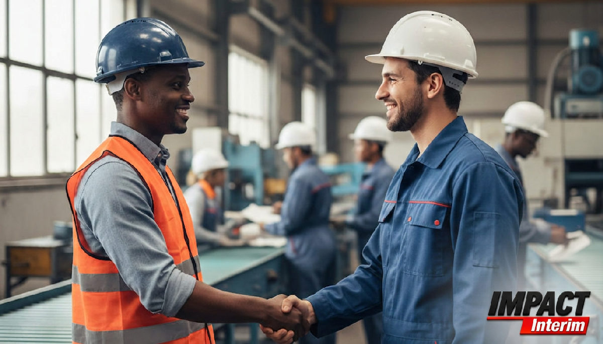 Manager français accueillant un nouveau technicien roumain dans une usine.