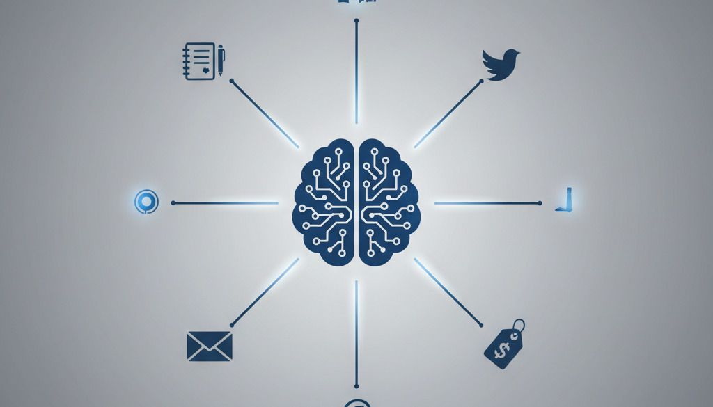 AI brain icon generating diverse content for multiple marketing channels.