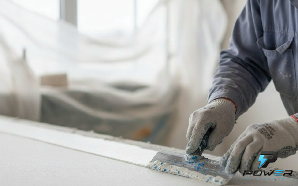Mains expertes réalisant les finitions d'un joint de plâtre.