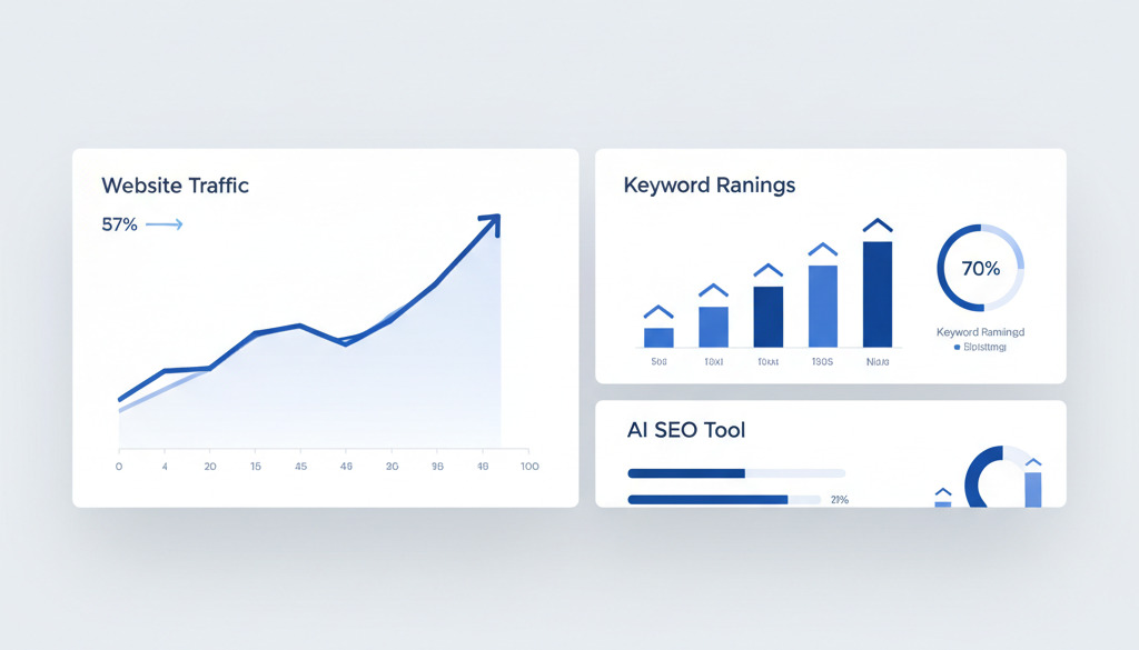 AI SEO dashboard displaying website traffic growth and keyword rankings.