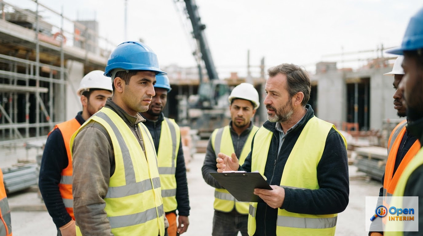 Ouvriers en casque et gilet haute visibilité lors d'un briefing chantier.
