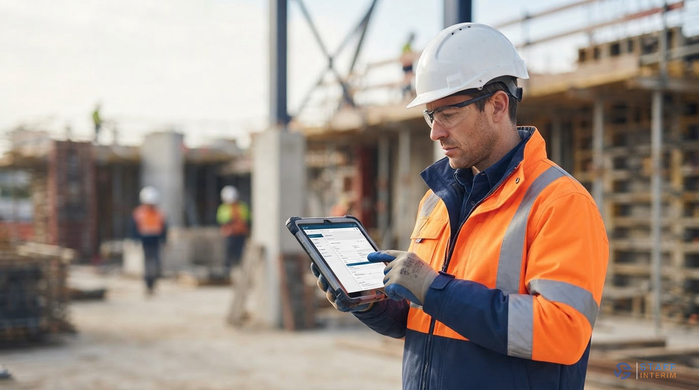 Un ouvrier du BTP consultant des documents numériques de détachement sur tablette.