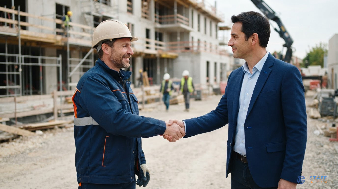 Poignée de main entre un chef de chantier et un responsable d'intérim.