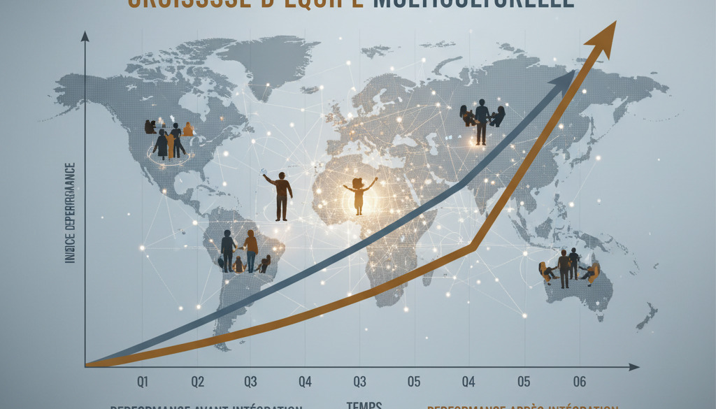Graphique de croissance d'une équipe IT multiculturelle performante.