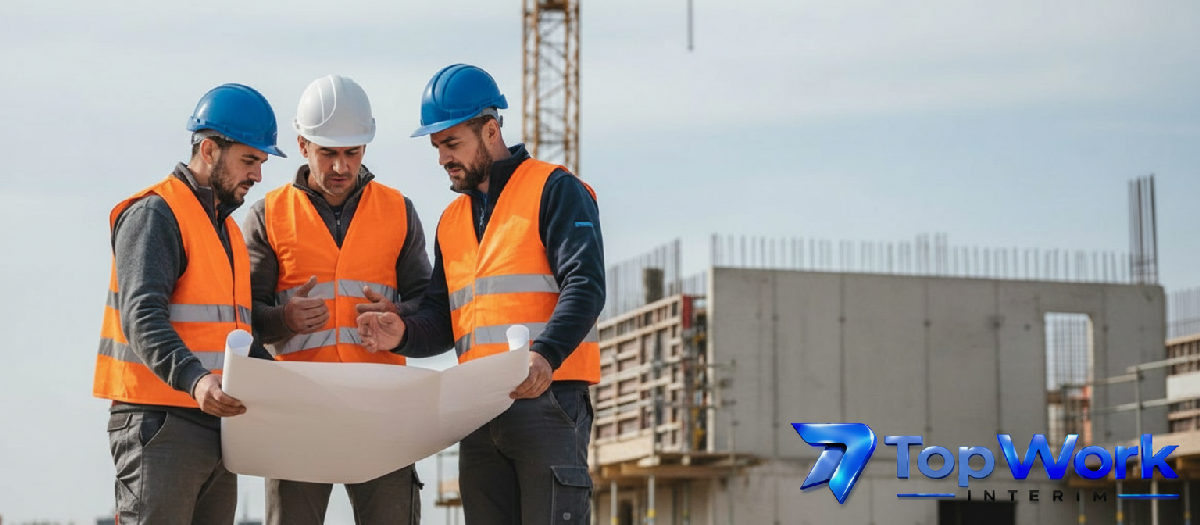 Ouvriers roumains discutant sur un chantier en France.