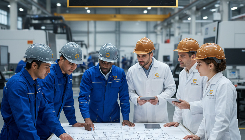 travailleurs détachés industrie avantages - Techniciens internationaux et ingénieurs locaux analysent un dessin technique industriel.
