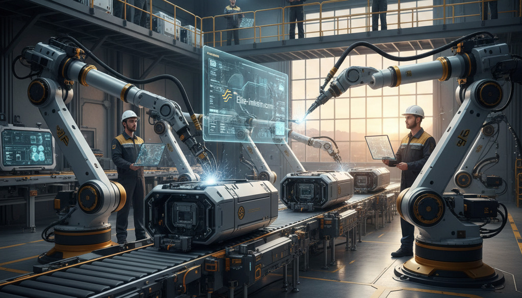 Chaîne d'assemblage robotisée de haute technologie avec des ouvriers spécialisés.