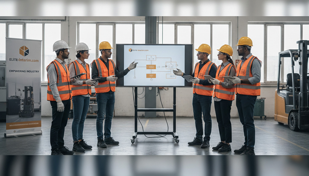 Équipe diversifiée de professionnels industriels en discussion dans un atelier moderne.